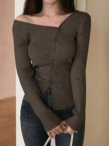 Blusa casual de mujer de punto acanalado con botones y manga corta - Café integral - Ver 3