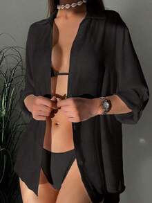 Swim Vcay Cárdigan Tipo Kimono De Manga Enrollada De Color Liso Para Mujer Carnaval - Negro - Ver 1
