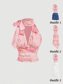 Blusa elegante y chic de unicolor con cuello plisado y recortado, ajustada, para el verano - Multicolor - Ver 1