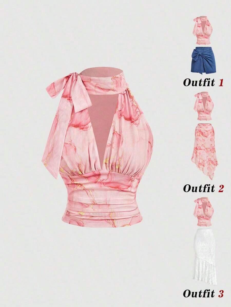 Blusa elegante y chic de unicolor con cuello plisado y recortado, ajustada, para el verano - Multicolor - Ver 1