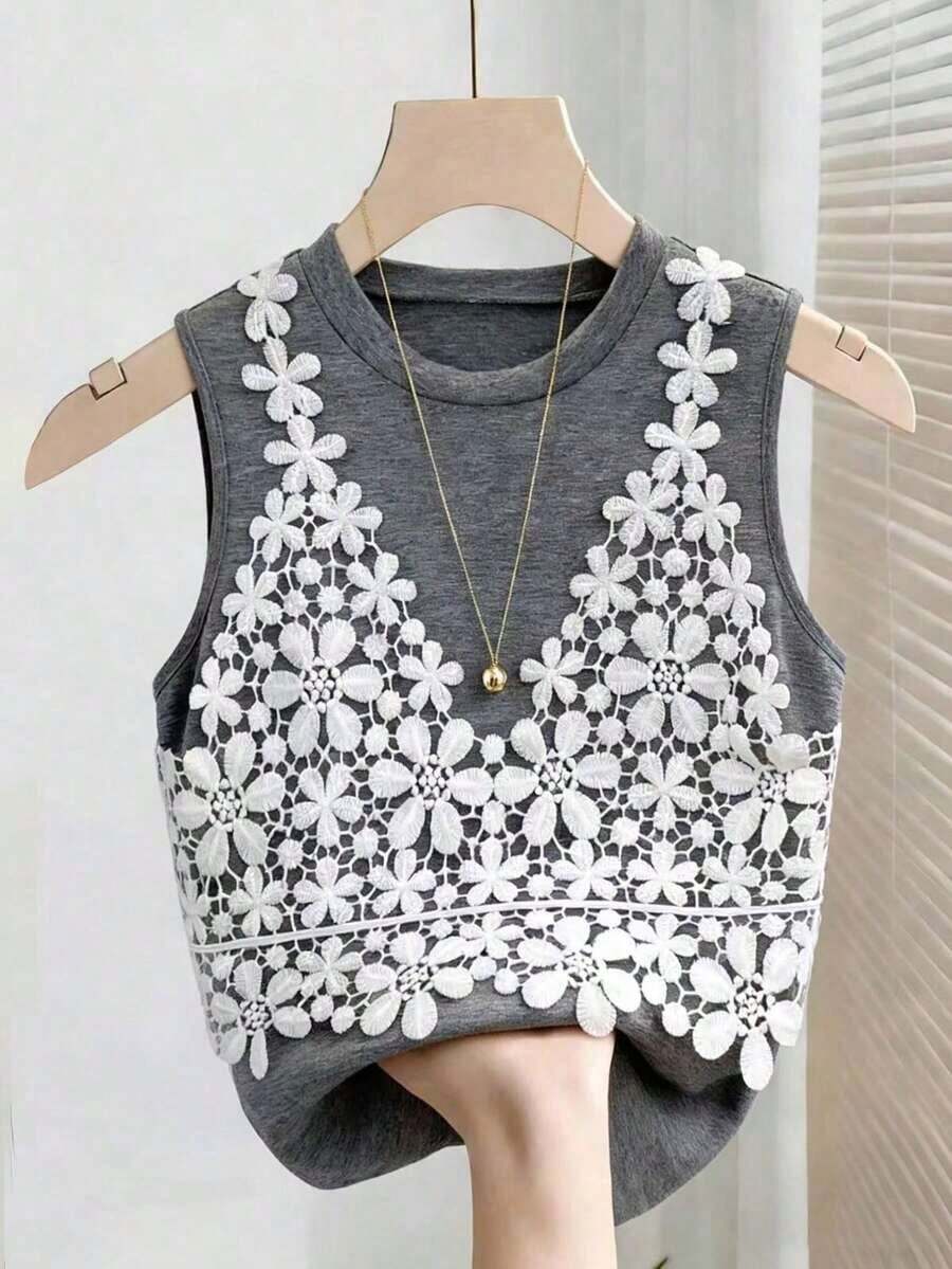 Top elegante de tirantes sin mangas de cuello redondo con contraste de color para mujer, verano - Gris - Ver 1