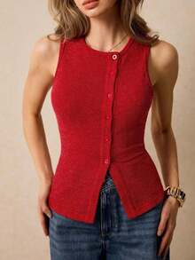 Camiseta sin mangas casual de cuello redondo y de un solo abotonadura para mujer - Rosa Roja - Ver 4