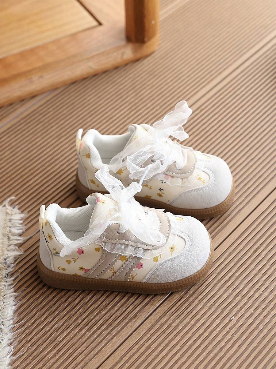 1 Pair 2026 New Spring/Autumn Children Skate Shoes, Infant Soft Bottom Anti-Slip Toddler Walking Shoes, Kids Sneakers - Beige - View 1