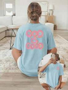 Women's Short-Sleeved Summer T-Shirts With A Double-Sided Print On The Front And Back, Short Sleeves, And A Crew Neck. Features A 3D Pink Print Of The Phrase "GOD IS GOOD". Made From Breathable, Machine-Washable Fabric, Suitable For Year-Round Comfort. 100% Cotton Graphic T-Shirts For Women. - 藍色 - 查看 6