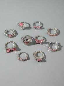 imoli 10pcs/Set Fashion Creative Geometric Bow Heart Rhinestone Knuckle Rings Set, Suitable For Women Stacking, Party Jewelry - Multicolor - View 8