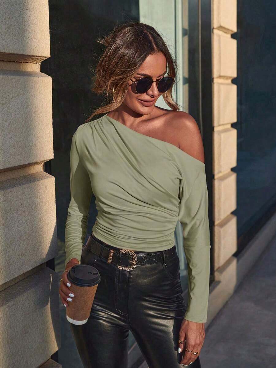 1 pieza Camisa de manga larga elegante de unicolor con cuello plisado asimétrico para ir al trabajo - Verde Oliva - Ver 1