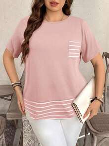 Camiseta casual de talla grande con bolsillo y rayas de contraste, prenda de vestir occidental estilo boho bohemio, top de festival de los 90, verano y primavera - Rosa - Ver 4