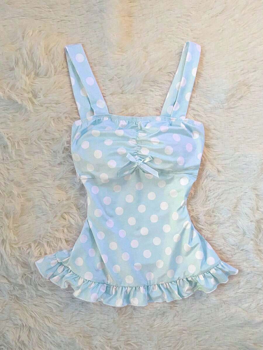 Esta dulce y adorable blusa corta de ajuste ceñido con estilo de cuento de hadas Y2K para mujeres presenta lunares y un lindo moño.Es un look dulce e inocente, perfecto como regalo para una amiga o para uso diario - Multicolor 2 - Ver 1