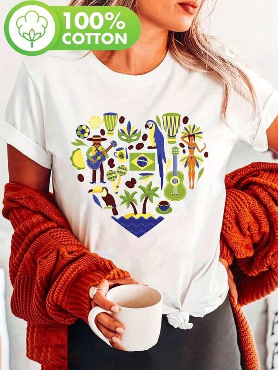Camiseta brasileña con estampado de latido del corazón para mujer, 100% aodón, cuello redondo casual, manga corta, uste regular, top de moda de verano y primavera, estampado culturaibrante, tejido de punto