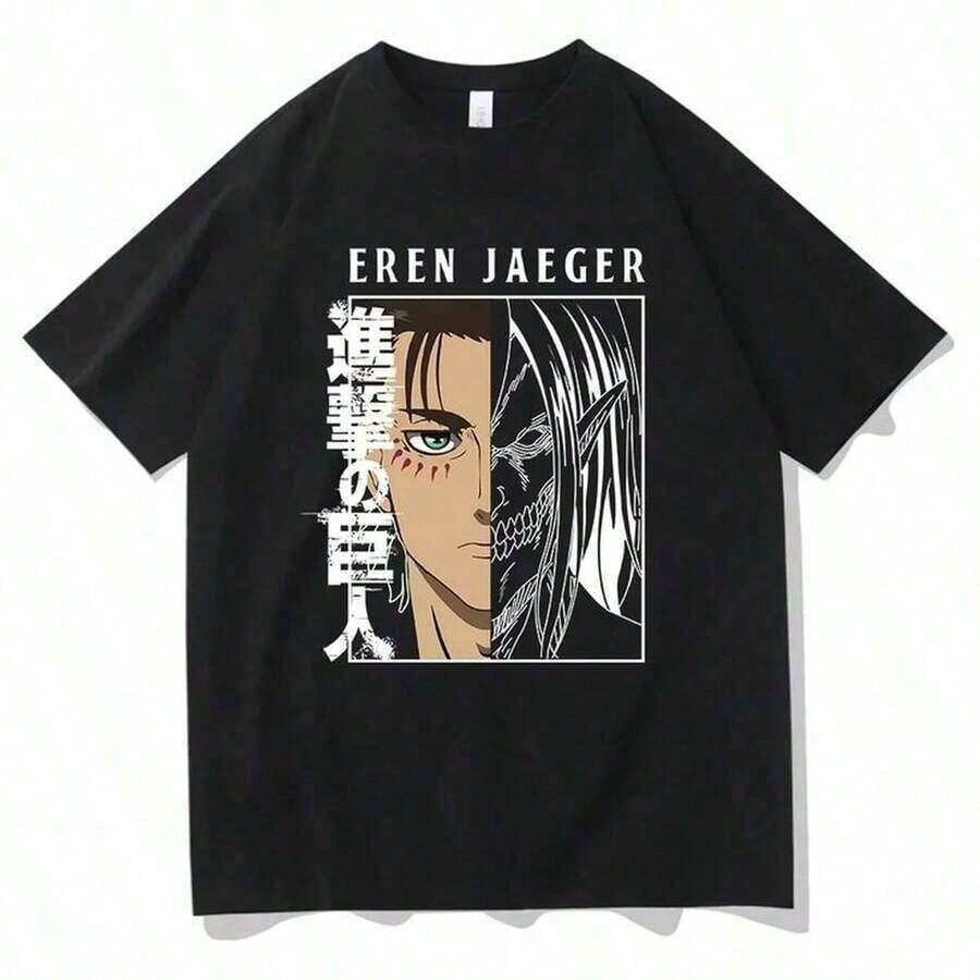 Anime T-Shirt With Eren Jaeger Graphic Print. Short-Sleeved Cotton T-Shirt With Reinforced Crew Neck - Unisex - High-Quality. Suitable For All People, Whether Women Or Men. Durable, High-Quality Fabric Suitable For All Occasions, Soft To The Touch But Designed To Last. Breathable Tops. Autumn Sets For Women. Vacation Sets For Women. Halloween Costume For Women. Pure Cotton. - 黑色 - 查看 1