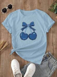 Camiseta oversize celeste de verano para mujer con estampado de lazo marino y estrellas de mar Camiseta casual celeste de manga corta con lazo marino, ideal para looks de playa y verano - YH304-Azul - Ver 2