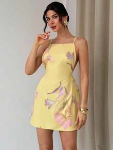 Vestido casual de mujer con estampado floral amarillo, de tirantes finos y espalda descubierta, vestido suelto de estilo hawaiano para vacaciones, vestidos de verano amarillo mantequilla para mujeres - Multicolor - Ver 4