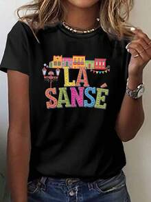 Elegante Camiseta Estampada para Mujer Daily TopLA Sansé con Diseño Brillante y Divertido: Con estampados audaces y comodidad de alta calidad, única y destacada/multicapa para invierno/ligera para verano/vacaciones en la playa/esencial para el Día de San Valentín - Regalo perfecto, camiseta de moda chic. - Negro - Ver 8