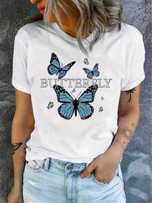1 Piece Fashion Casual T-Shirt For Men And Women With Butterfly Print, Round Neck, Short Sleeve, Versatile Clothing For Women, Easy To Match, Daily Wear, Urban Style, Vacation Outfit, Weekend Wear - 白色 - 查看 7