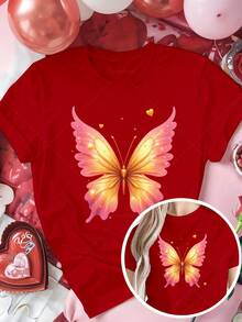 Classic Plus Size Women's Clothing, Pink And Gold Butterfly Wing Print T-Shirt - Cute Short Sleeve Crew Neck T-Shirt For Valentine's Day, Casual Shirt For Summer And Autumn, Ideal Gift For Women At Christmas And New Year (Machine Washable) Best Seller - 紅色 - 查看 7