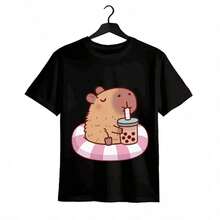 Tops para mujer de algodón de manga corta y cuello redondo para mujer, con estampado de capibara yé de burbujas, de elasticidad media. - Negro - Ver 8