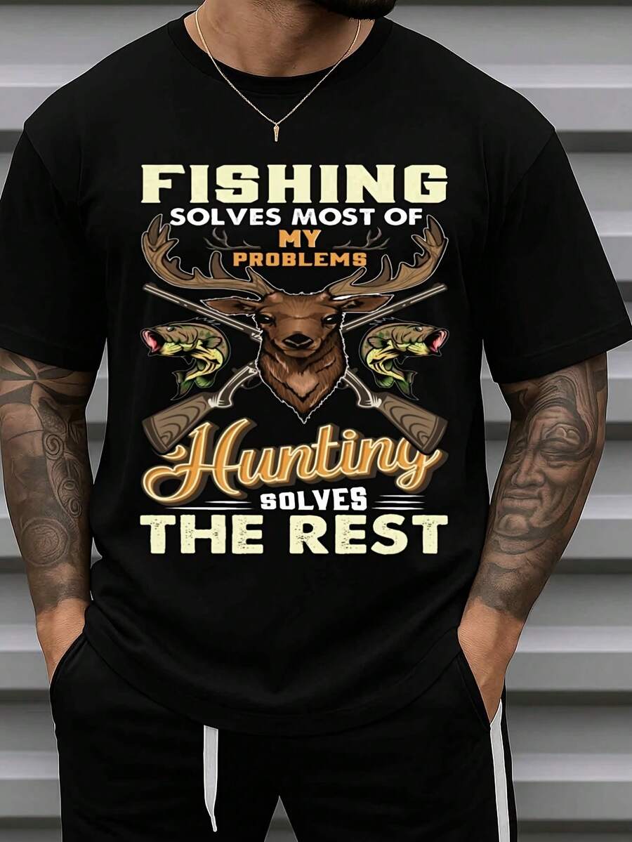 Men's T-Shirt With Fun Fishing Print - Slogan "Fishing Solves Most Problems" With Fish And Hook Design - Black Urban Casual Style T-Shirt 180 G/M², Suitable For Outdoor Activities, Fishing Trips, Etc. - Unisex Printed Short-Sleeved T-Shirt For Summer 2026, 180 G. - 黑色 - 查看 1