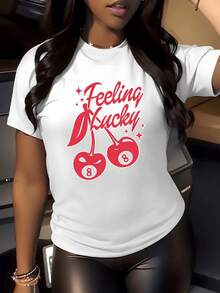 Bright Red Cherries With Lucky Numbers And An Optimistic Message Symbolizing Positive Energy And Confidence To Attract Good Fortune. Women's Casual, Modern, Comfortable T-Shirt For Everyday Wear. - 白色 - 查看 1