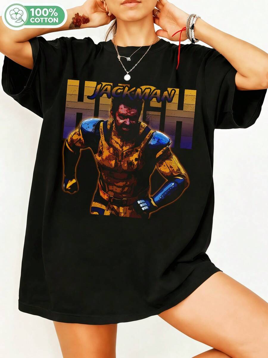 Hughhh Jackmann Wolverineee Superhero Cotton T-Shirt, -Inspired Graphic T-Shirt, Retro Style, Casual Short-Sleeved Crew Neck T-Shirt, Unisex Streetwear, Comic Fan Merch, Action Movie Shirt. - Black - View 1