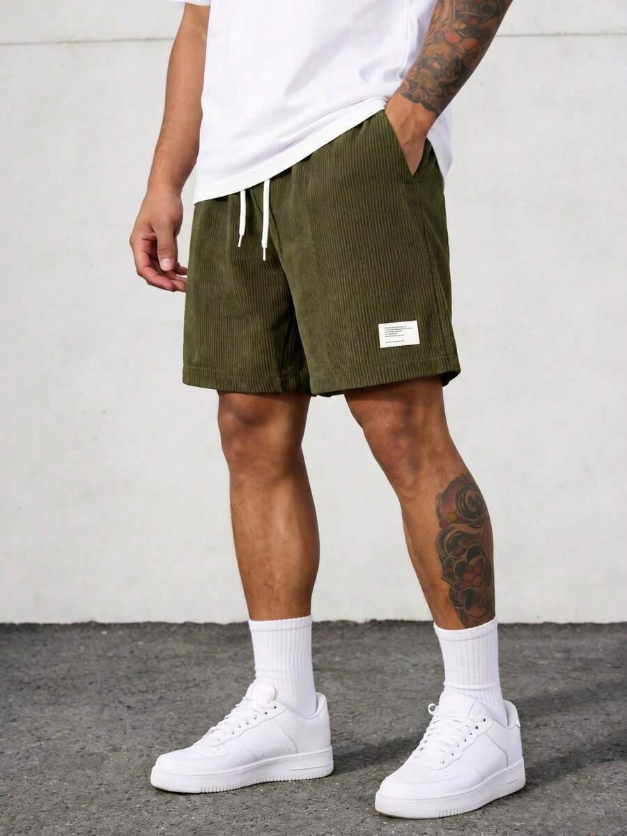 Quần short nam kiểu retro Mỹ bằng vải nhung kẻ có dây rút, quần ống rộng năm điểm có miếng vá, quần short dài đến đầu gối phong cách đường phố thường ngày. - xanh quân đội - Xem 1