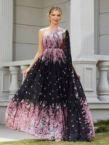 Elegant Women's Pink Floral Chiffon Asymmetric Asymmetrical Shoulder Sleeve Design Dress, Suitable For Vacation And Travel - Black - View 4