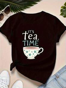 Camiseta gráfica 'Tea Time' para mujer - LINDA camiseta negra inspirada en anime con estampado de taza blanca, manga corta, cuello redondo, ropa casual para primavera, verano y otoño. Camiseta estampada cómoda - Negro - Ver 6