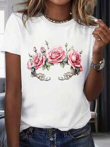 Camiseta Blanca de Mujer con Diseño de Corona Floral de Rosas, Manga Corta Casual, Camiseta Gráfica de Moda, Regalo para el Día de San Valentín, 220g, 100% Algodónropa de calor mujer - Blanco - Ver 7