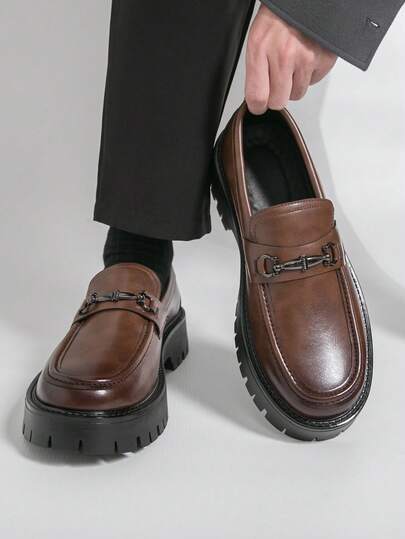 Men's Formal Leather Shoes, Brown Thick-Sole Elevator Shoes, Suitable For Saturday Banquet, Wedding, Catwalk, Dancing, Groom, Hairstylist