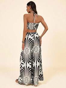 Conjunto de 2 piezas para mujer con top corto de cuello halter estampado tejido y pantalones de pierna ancha de cintura alta - Blanco y Negro - Ver 2