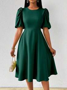 Vestido verde de manga abullonada larga, cuello en V, cintura recogida y bajo acampanado, para primavera y verano - Verde Oscuro - Ver 7