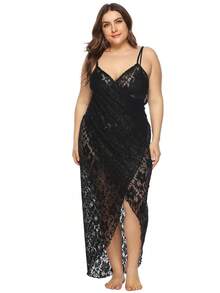 Vestido Playa Talla Grande para Mujer de Encaje Negro, Tirantes, Abertura Lateral y Diseño Versátil, Ideal para Verano - Negro - Ver 2