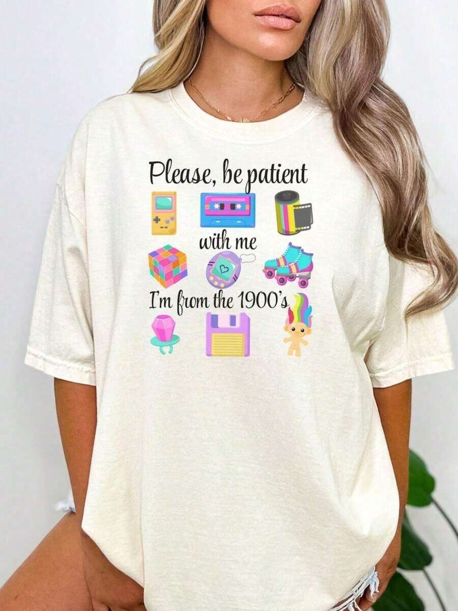 Modern Minimalist T-Shirt, "Please Be Patient With Me, I'm From The 20th Century" T-Shirt, Funny 90s Retro T-Shirt, Meme T-Shirt, Funny Gift For Mom, 20th Century Retro T-Shirt, Casual And Stylish T-Shirts, Workout Clothes, 100% Cotton, Breathable And Comfortable. - 白色 - 查看 1
