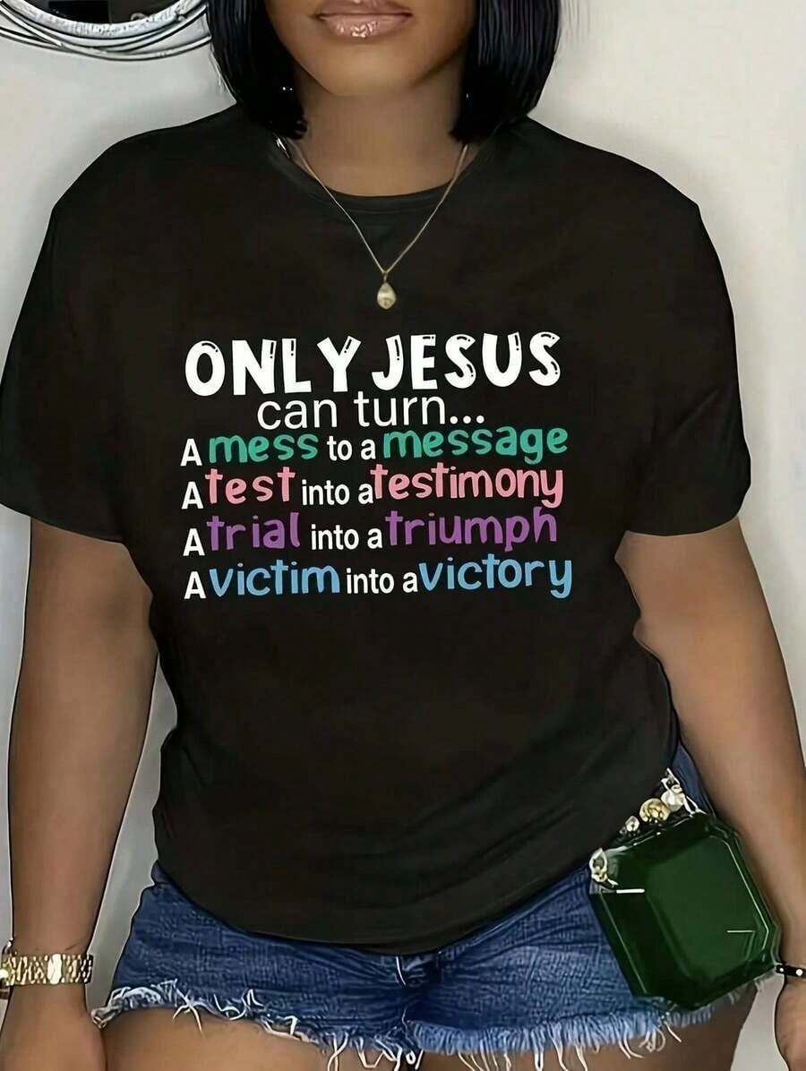 Camisetas de manga corta para mujer, camiseta de cuello redondo con estampado inspirador de Jesús - Camiseta casual negra de manga corta 100% algodón con mensaje de fe, lavable a máquina, ajuste cómodo para todas las estaciones. - Negro - Ver 1