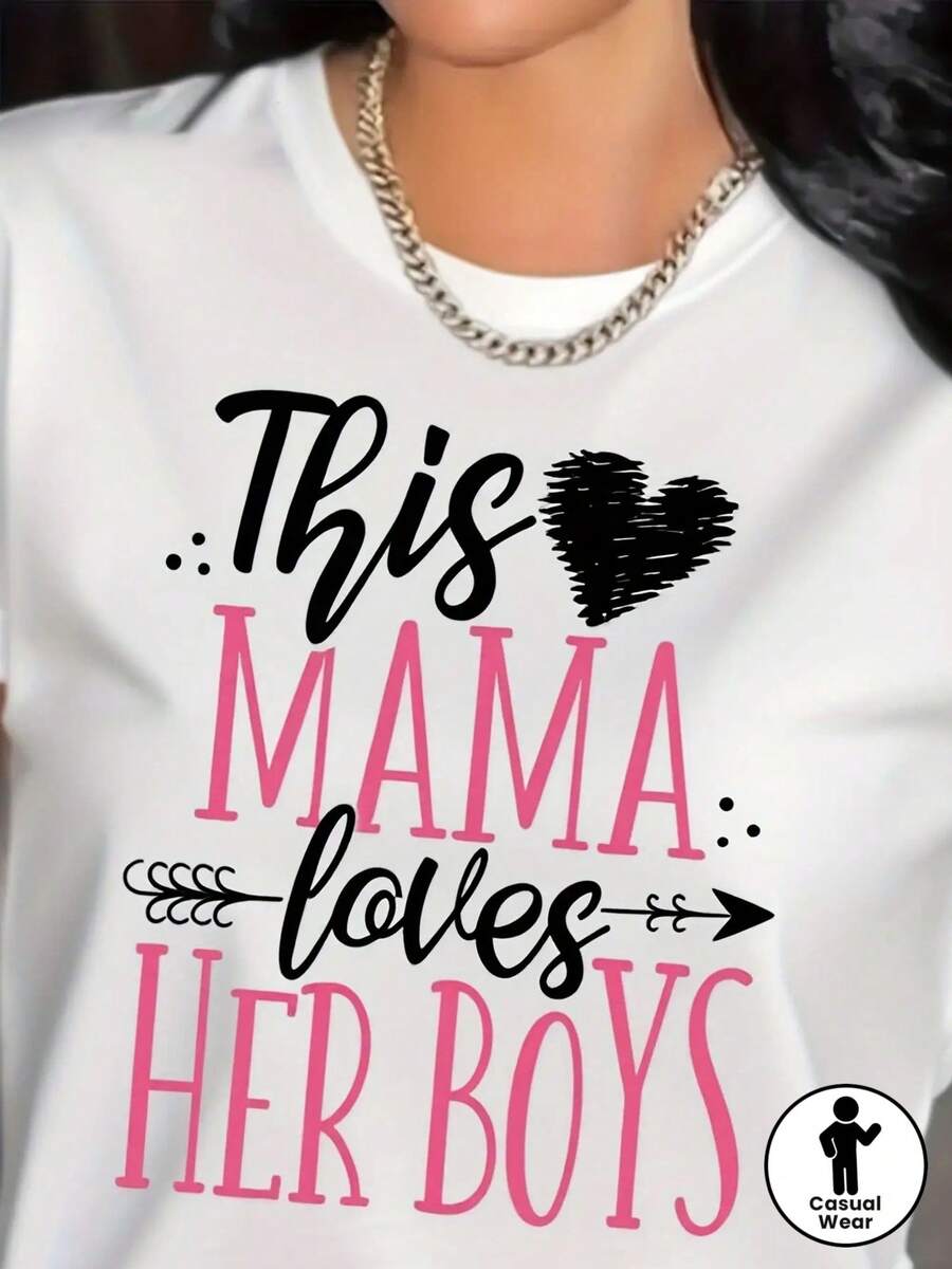 1 Camiseta de Mujer "Mam£ Ama" - Cuello Redondo Suave, Manga Corta, Estampado de Huellas y Coraz￳n con Texto "Mam£", Regalo para Madres, Cumplea￱os, Ropa Casual