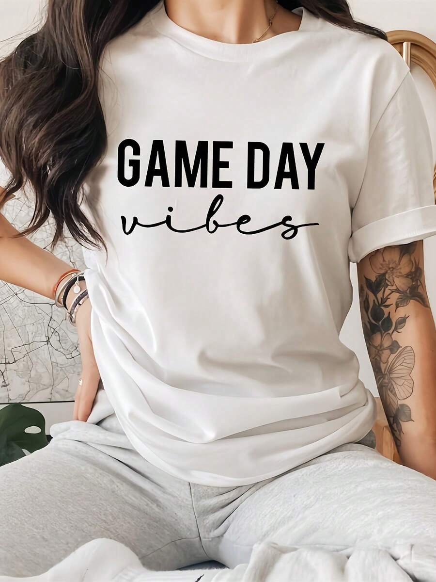 Women's Casual Spring/Summer T-Shirt With "GAME DAY" Letter Print In A Modern Minimalist Style, Short Sleeve Sports T-Shirt, Casual Everyday Top - 白色 - 查看 1