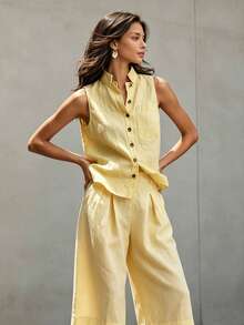 New 2026 Two Piece European Style Set Sleeveless Vest Cotton Linen - Yellow - View 3