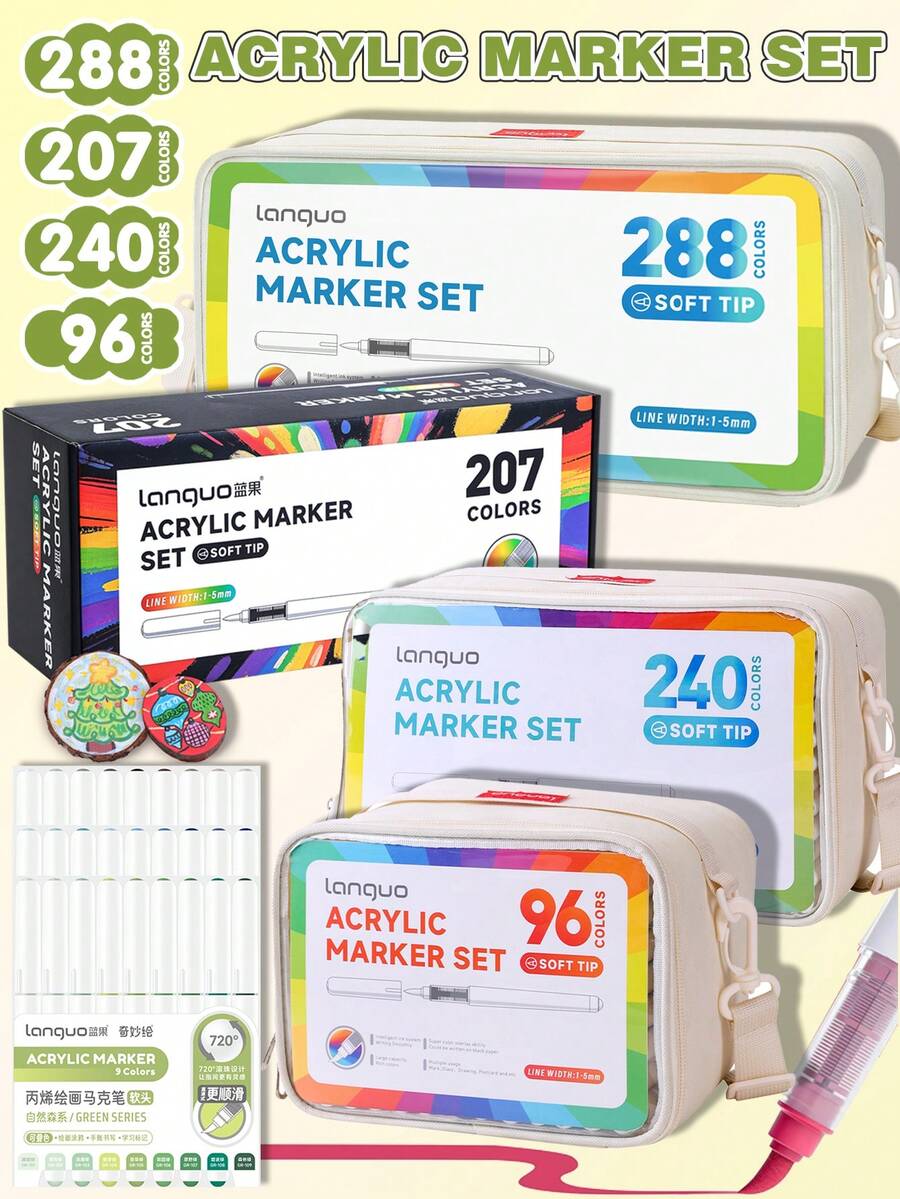Bộ bút vẽ acrylic Languo 288/240/192/96/9 màu kèm túi đựng, bút vẽ chuyên nghiệp dành cho học sinh, đầu bút mềm, nhỏ gọn, có thể xếp chồng lên nhau, dùng cho vẽ tranh, thủy tinh, chống thấm nước, nghệ thuật vẽ trên cơ thể, quà Giáng sinh, lý tưởng cho năm học mới. - Nhiều màu - Xem 1