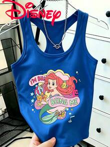 Disney Mermaid Princess Ariel Printed Casual Sleeveless T-Shirt, Round Neck Design, Machine Washable. The Fabric Is Soft And Breathable, Suitable For Outdoor Activities, Daily Wear, Sports, And Beach Dressing. - Blue - View 1