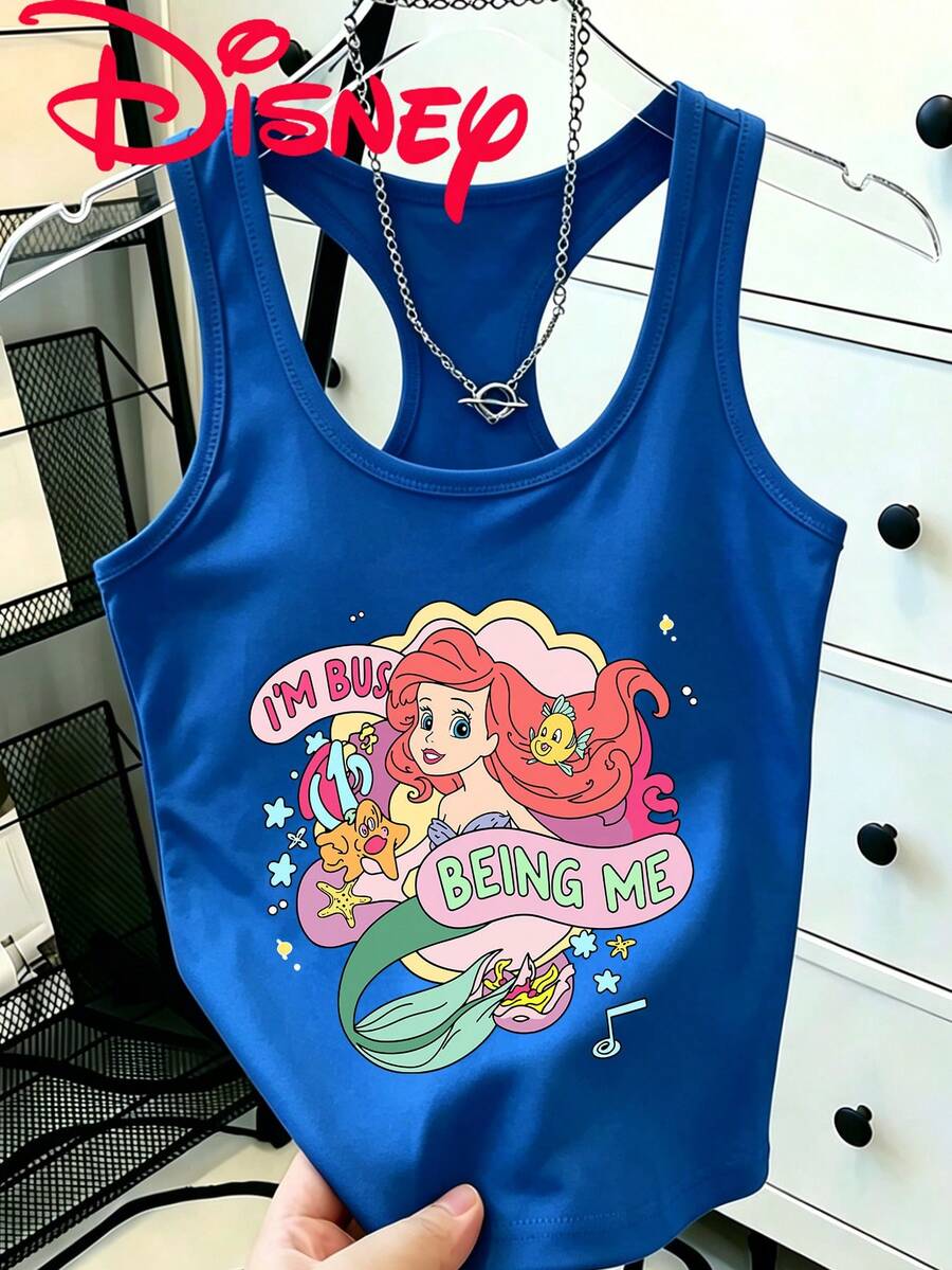 Disney Mermaid Princess Ariel Printed Casual Sleeveless T-Shirt, Round Neck Design, Machine Washable. The Fabric Is Soft And Breathable, Suitable For Outdoor Activities, Daily Wear, Sports, And Beach Dressing. - Blue - View 1
