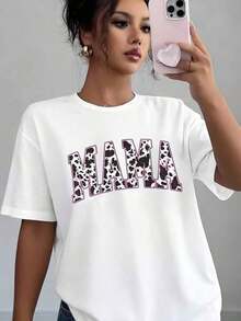 Camiseta Casual para Mujer con Estampado de Leopardo y Texto "Mama", Suave y Cómoda, Regalo para el Día de la Madre o Cumpleaños, Blusa, Camisa > Hermosa. - Blanco - Ver 5