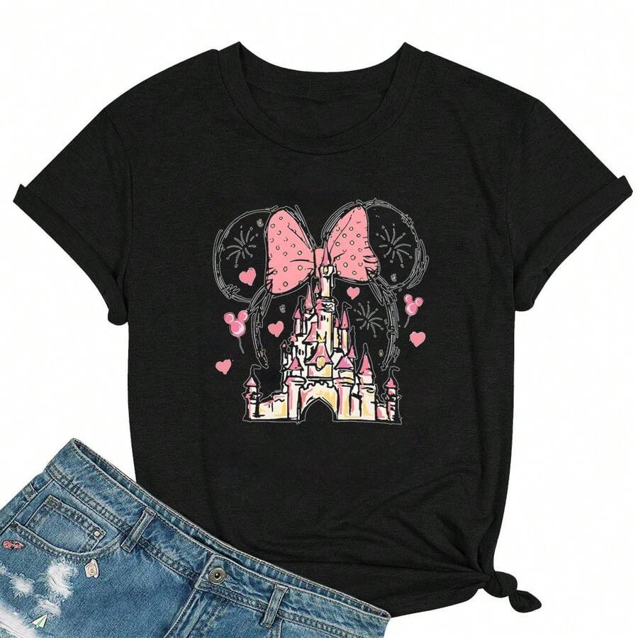 Women's Magic Shirt, Castle Graphic T-Shirt, Magic Kingdom T-Shirt, Cute Holiday Shirt, Casual Short Sleeve T-Shirts - 黑c - 查看 1