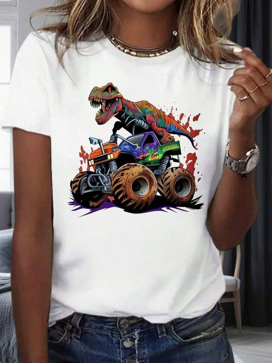 Camiseta con estampado gráfico de dinosaurio y camión monstruo, unisex, informal, diseño divertido para hombres, mujeres y niños, arte de dinosaurios y vehículos todoterreno, camiseta artística, ideal para fiestas y vacaciones, 220mg.ropa de calor mujer - Blanco - Ver 1