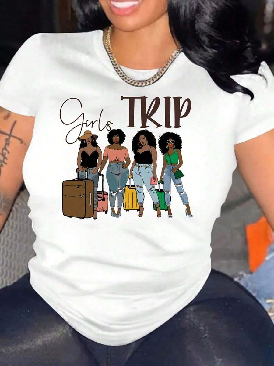 GIRLS TRIP Letter Print Crew Neck T-Shirt, Casual Short Sleeve Top For Spring And Summer, Women's Clothing, 1 Piece, 200gsm, Polyester Knit Fabric With Crew Neck - 白色 - 查看 1