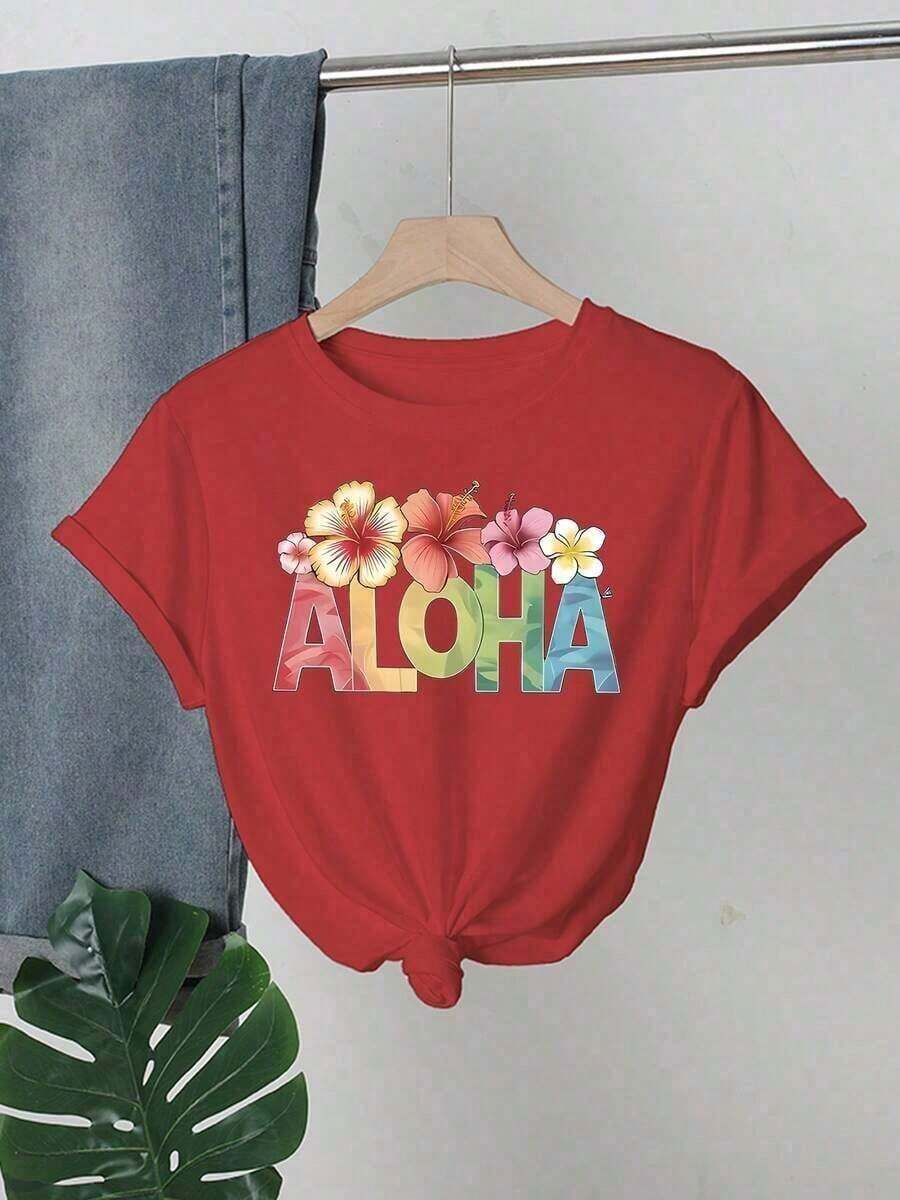 Women's Short-Sleeve Cotton T-Shirt, Hawaiian Shirt For Women - ALOHA Letter Print And Tropical Flowers, Short Sleeve, White, Casual Summer Crew Neck, Soft Cotton Fabric, Short Sleeve, 100% Cotton - 紅色的 - 查看 1