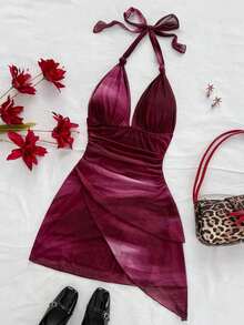 Vestido Mini Sexy Romántico de Vacaciones para Mujer Vintage con Degradado, Cuello Halter en V, Lazos, Malla, Volantes y Bajo Asimétrico, Ropa Bohemia, Vestido Ajustado - Multicolor 2 - Ver 10
