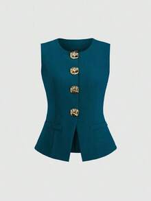 delgado sin mangas para mujer con botones metálicos grandes de estilo minimalista francés - Agua verde azul - Ver 5