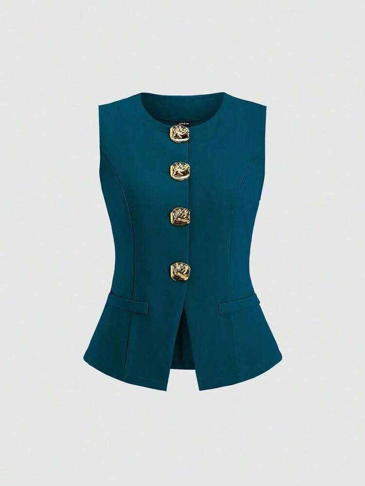 delgado sin mangas para mujer con botones metálicos grandes de estilo minimalista francés - Agua verde azul - Añade 5