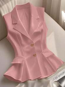 Blazer blanco ajustado de línea A con cuello en V francés, elegante, con lazo y botones sin mangas para mujer, para primavera/verano - Rosa - Ver 1