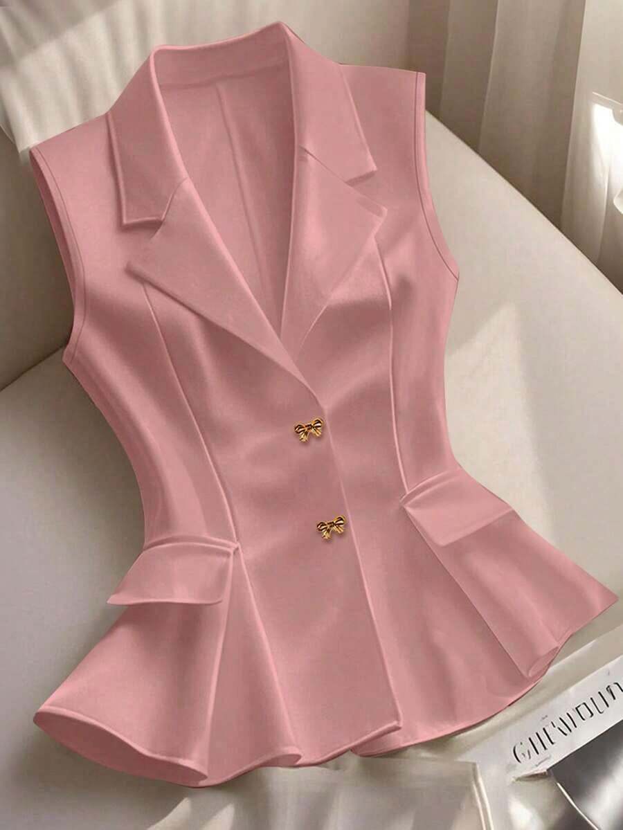 Blazer blanco ajustado de línea A con cuello en V francés, elegante, con lazo y botones sin mangas para mujer, para primavera/verano - Rosa - Ver 1