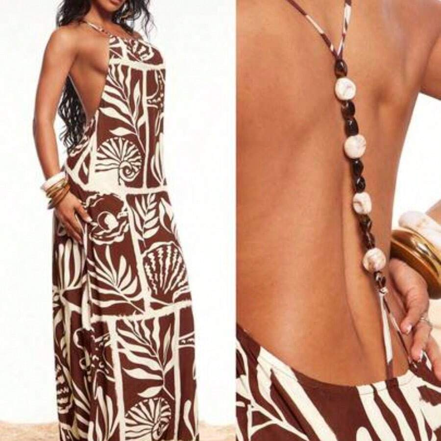 Brown Linen-Feel Bohemian Style Dress, Ocean Print Dress, Sexy Beaded Backless Spaghetti Strap Dress, Vacation Dress, Beach Dress, Loose Comfortable Casual Dress, Suitable For Island Vacation, Beach, Holiday, Casual Outing, Party, Music Festival, Concert, Country Music Event Women's Beach Outfits Women's Holiday Co Ord Women's Summer 2 Pieces Sets Women's Swim Cover Up Bathing Suits For Women With Cover Ups,Summer Dresses For Women - Multicolor - Ver 1